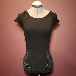 Bebe - Black Top - Size S - NWT - Evie Lace Detail Boatneck Top